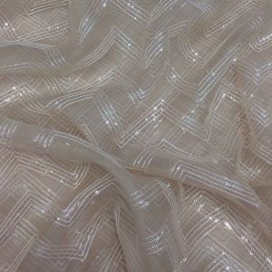 Peach Pure Organza Silk Fabric with Chevron Embroidery