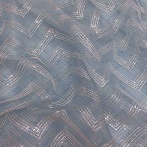 Sky Blue Pure Organza Silk Fabric with Chevron Embroidery