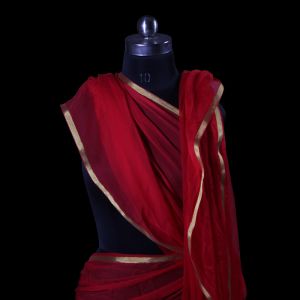 Red Viscose Chiffon Fabric With Zari Patti Border