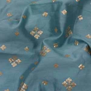 English Blue Chanderi Fabric with Sequins Geometric Motifs Embroidery