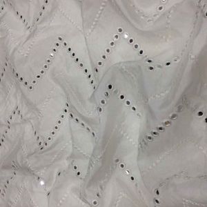 White Lucknowi Chikan Mirror Chevron Embroidery Dupion Silk Fabric (Dyeable)