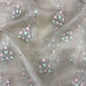 Beige Premium Motifs Embroidery Organza Silk Fabric