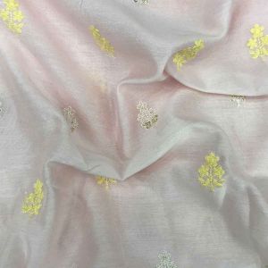Baby Pink Pure Silk Chanderi Fabric Floral Motifs Embroidery