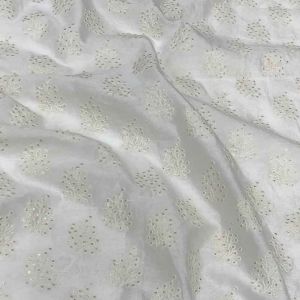 White Pure Silk Chanderi Fabric With Motifs Thread Embroidery (Dyeable)