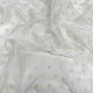 White Pure Silk Chanderi Fabric With Floral Thread Embroidery (Dyeable)