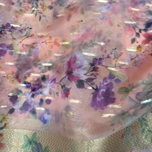 Peach Organza Floral Printed Fabric With Embroidery and Zari Border