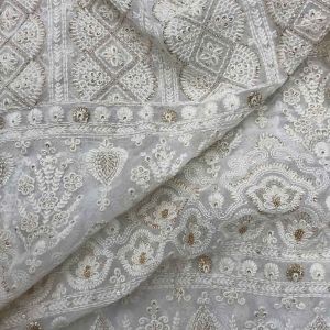 White Lucknowi Chikan Embroidery Georgette Fabric With Border (Dyeable)