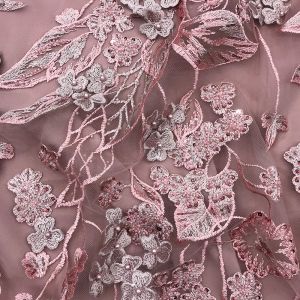 Pink 3D Floral Embroidery Net Fabric with 60 Inches Width