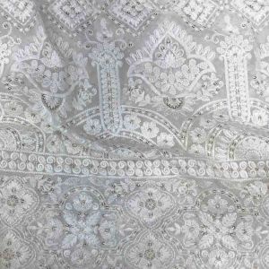 White Lucknowi Chikan Embroidery Georgette Fabric With Border (Dyeable)