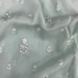 Pista Green Chinon Crepe Fabric with Motifs Thread Embroidery