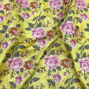  Yellow Pure Tussar Silk Fabric With Floral  Thread Embroidery 