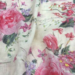 Cream Pure Linen Multi Color Floral Printed Fabric