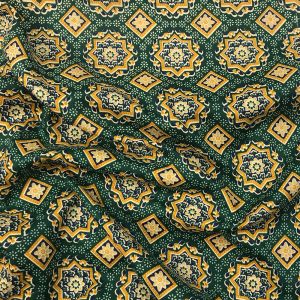 Green Cotton Fabric With Patola Print