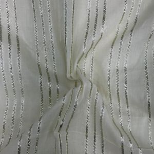 Off-White Kora Cotton With Gota Stripes Embroidery Fabric 