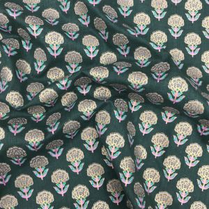 Dusty Green Floral Motifs Foil Printed Cotton Fabric 