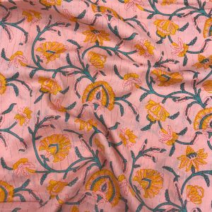 Peach Floral Silver Foil Cotton Printed Fabric 