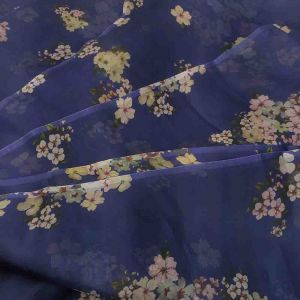 Navy Blue Pure Organza Fabric with Floral Print