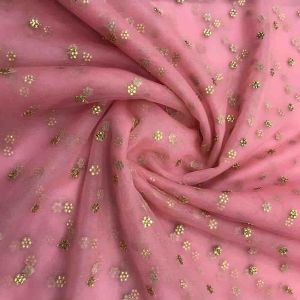 Peachish Pink Net Fabric with Stone Embroidery