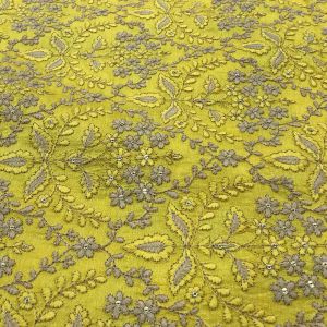 Yellow Dupion Silk Fabric Floral Thread Embroidery