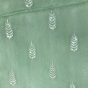 Pista Green Chinon Crepe Fabric with Motifs Thread Embroidery