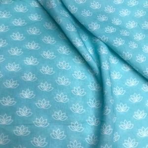 Sky Blue Floral Quirky Print Mulmul Cotton Fabric 