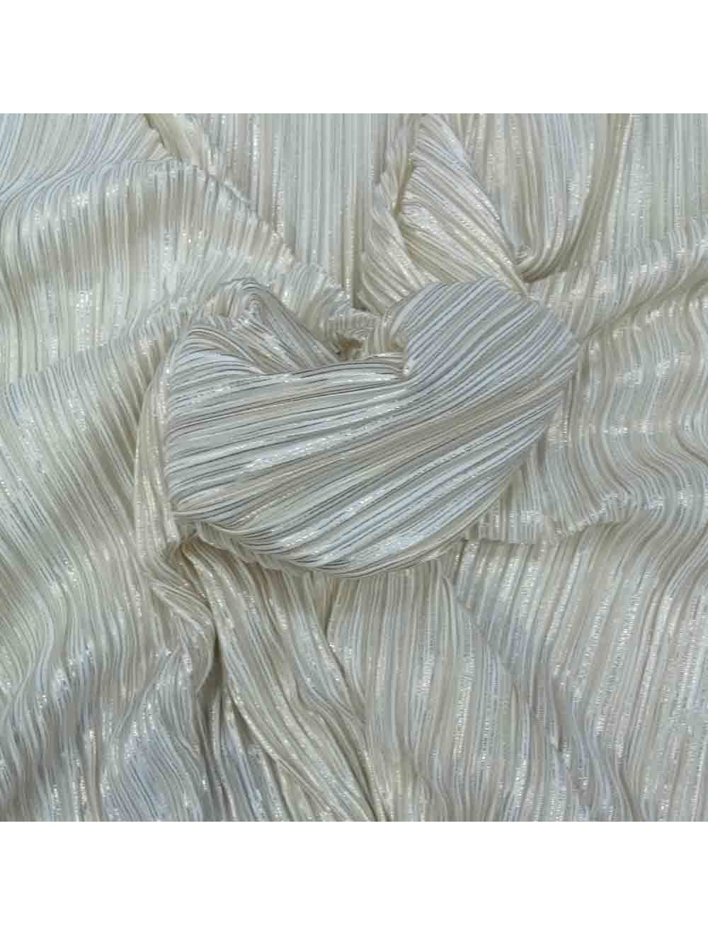 Cream Pleated Lycra Stretch Fabric with Gold Foil Print