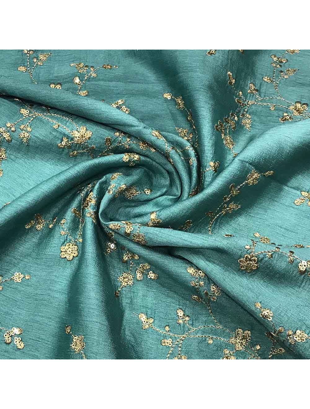 Dusty Green Dupion Silk Fabric with Premium Floral Embroidery | Saroj  Fabrics