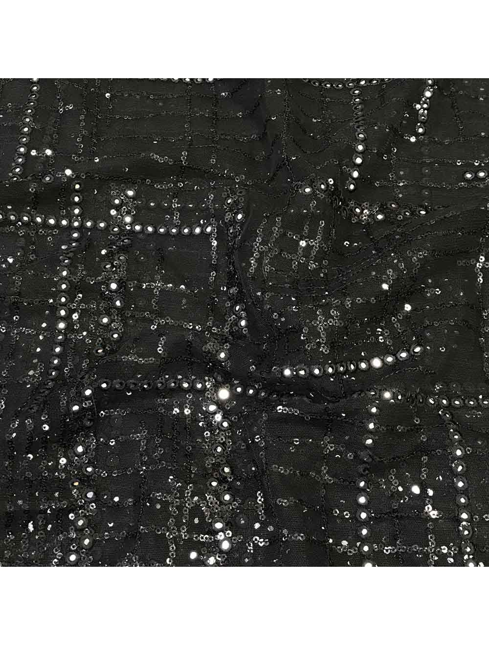 Black Net Fabric with Abstract Sequins Embroidery