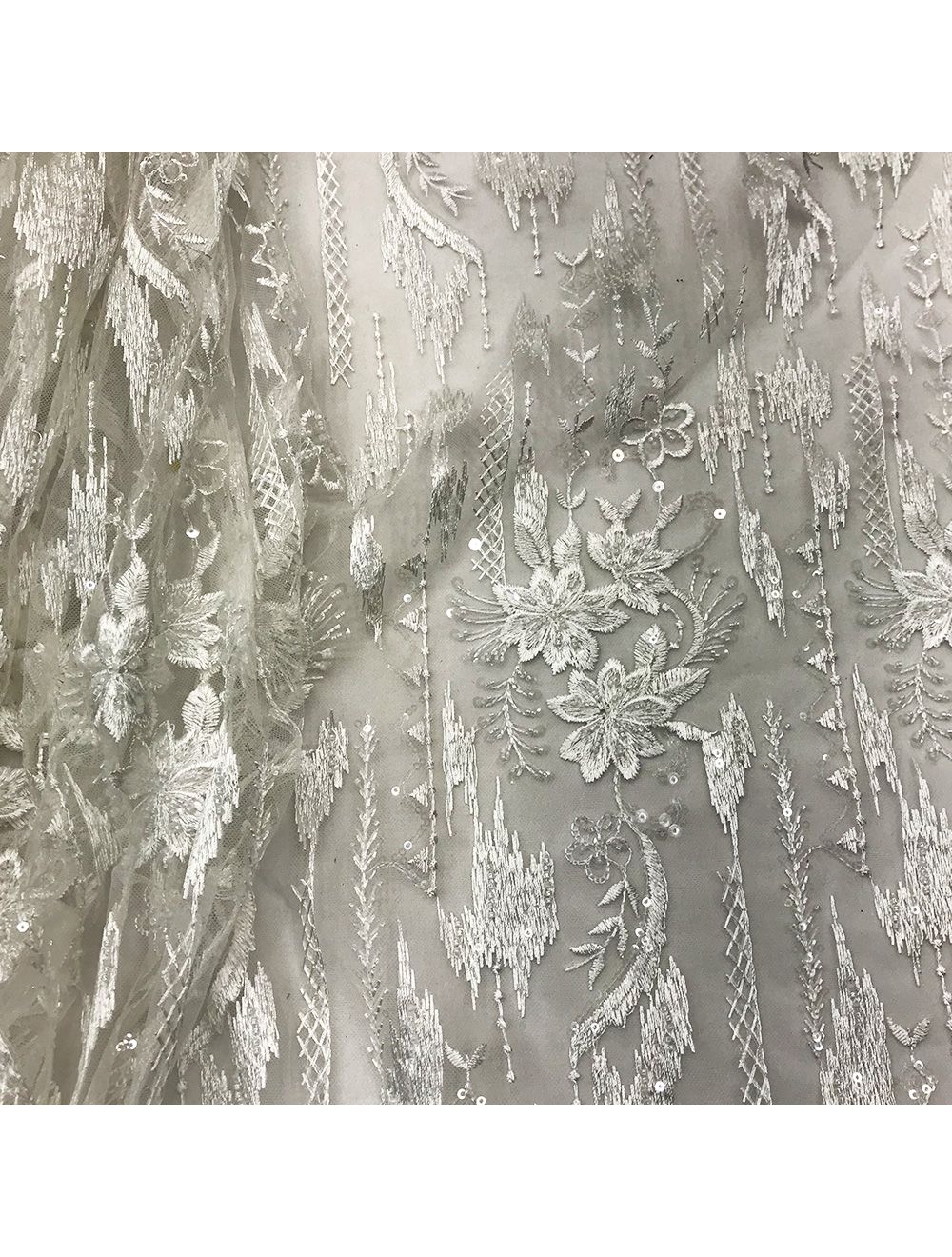 White Net Fabric with Floral Design Pearl Embroidery
