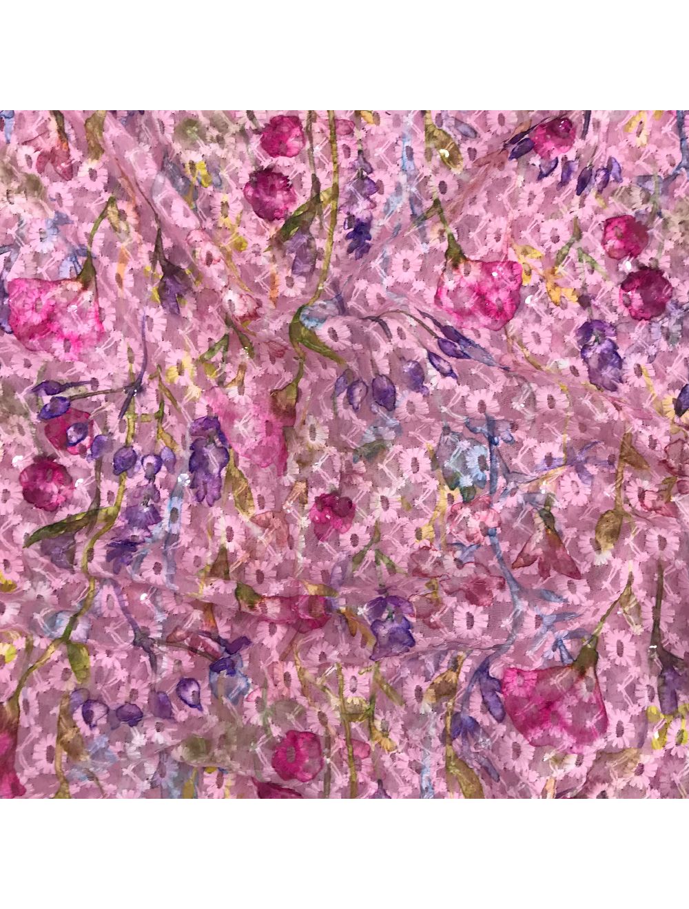 Pink Thread Embroidery Floral Print Georgette Fabric | Saroj Fabrics