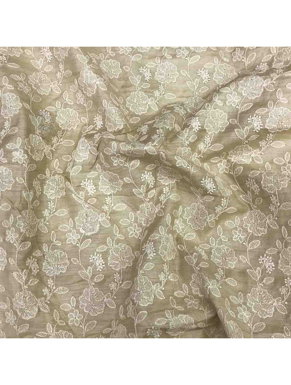 Beige Pure Tussar Silk Fabric With Floral Thread Embroidered (Dyeable)