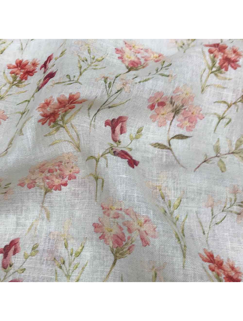Off-White Pure Linen Multi Color Floral Printed Fabric