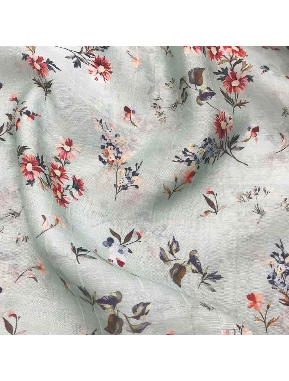 Pastel Blue Muslin Cotton Floral Printed Fabric