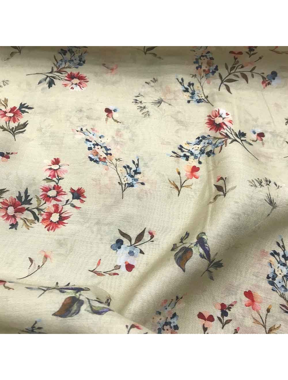 Light Cream Muslin Cotton Floral Printed Fabric