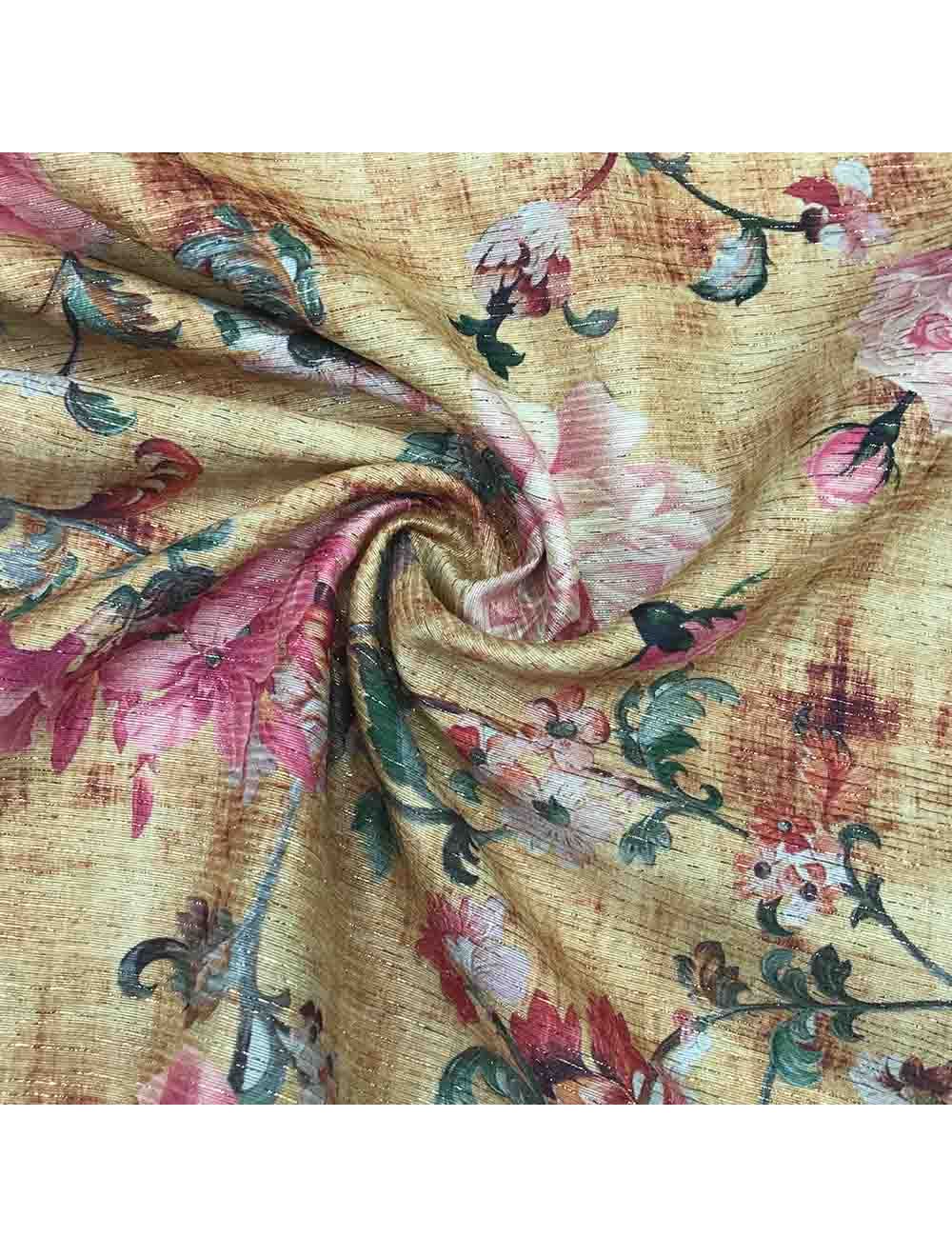 Yellow Lurex Jute Silk Fabric With Floral Print Saroj Fabrics