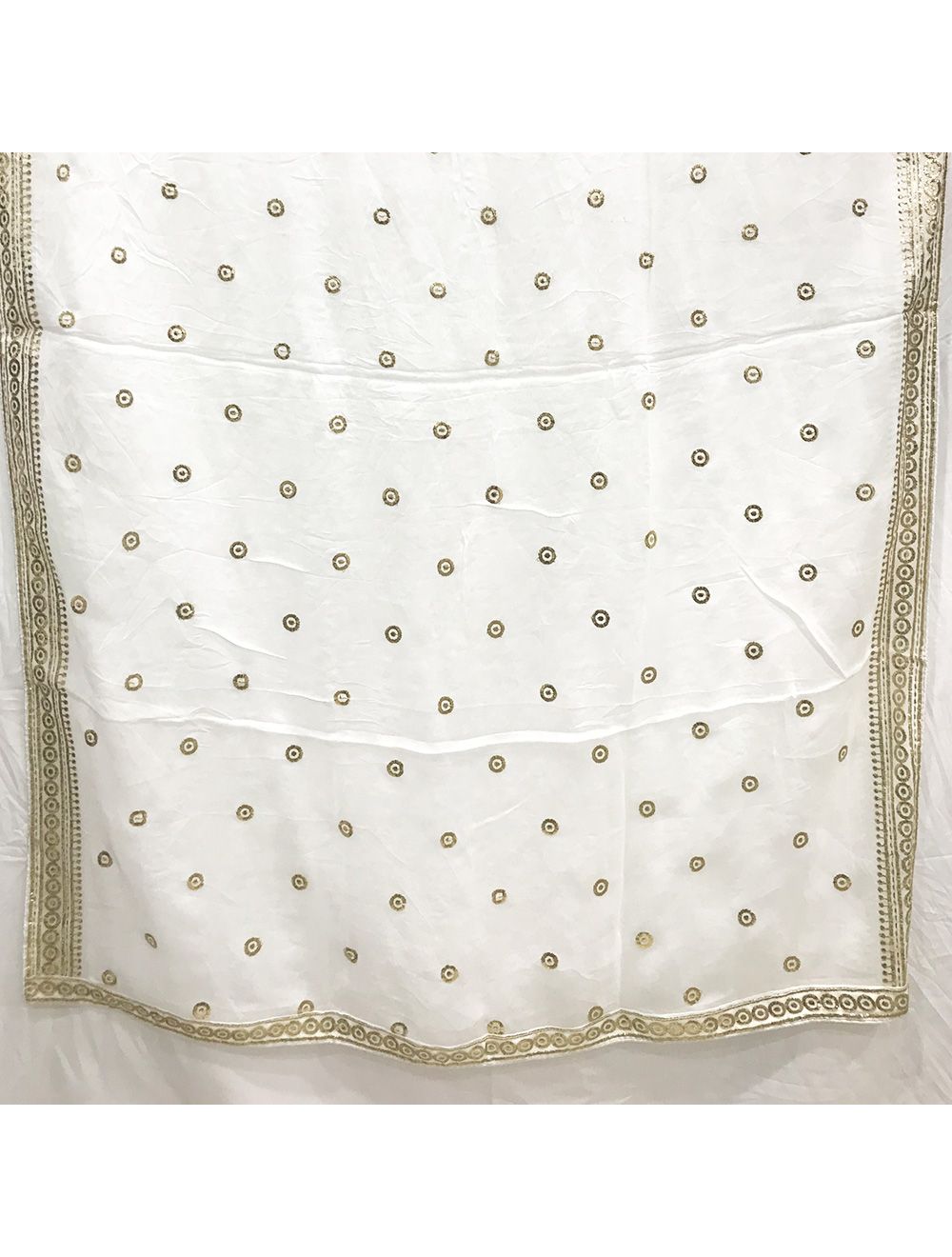 White & Golden Motifs Dyeable Embroidered Chiffon Fabric at Rs